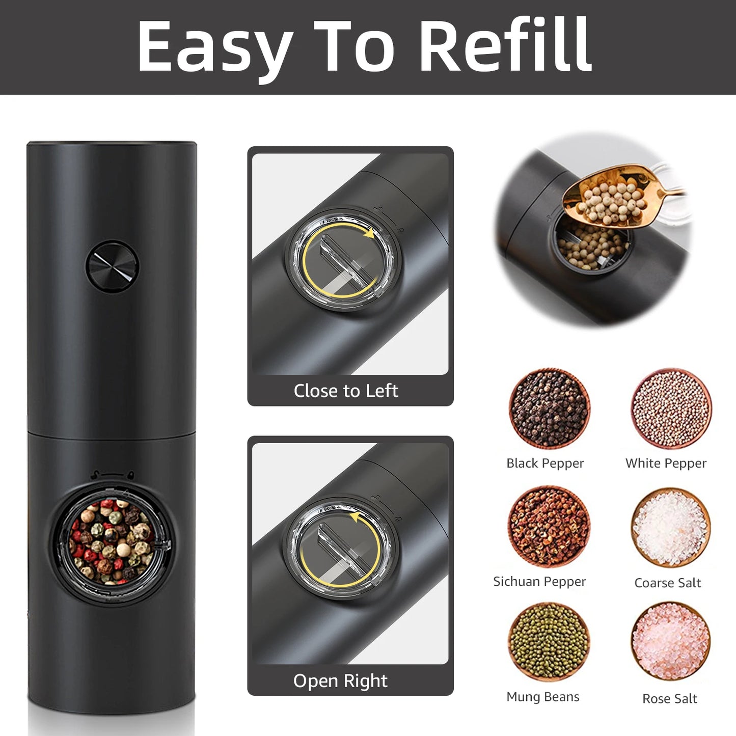 Electric Automatic Salt & Pepper Grinder Set with Base – Battery Powered, LED Light & Adjustable Coarseness