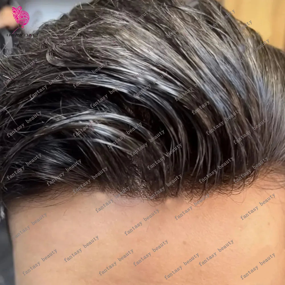 Men's Human Hair Toupee Wig – 30mm Wave, Natural Straight, 0.1mm PU Base