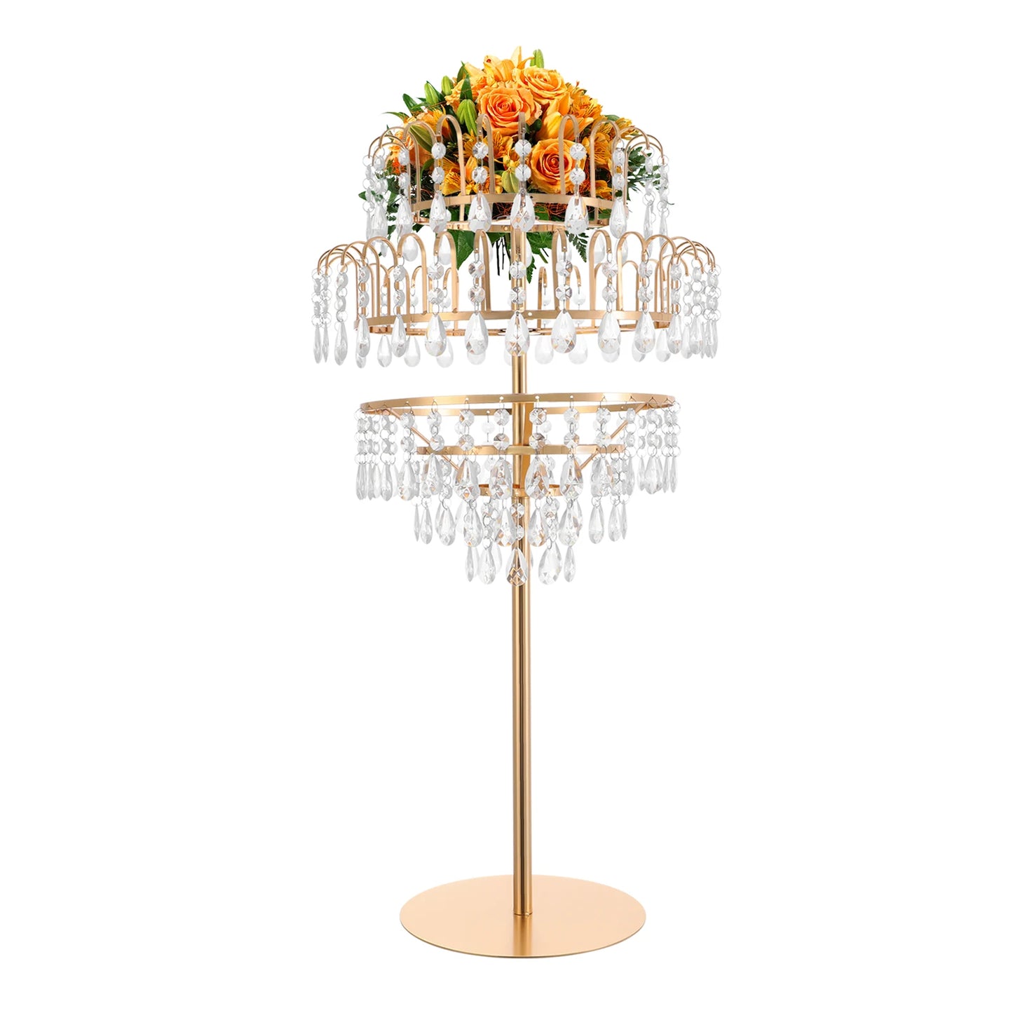 5-Tier Crystal Fountain Flower Stand – Silver & Gold Freestanding Centerpiece for Wedding, Party & Home Décor