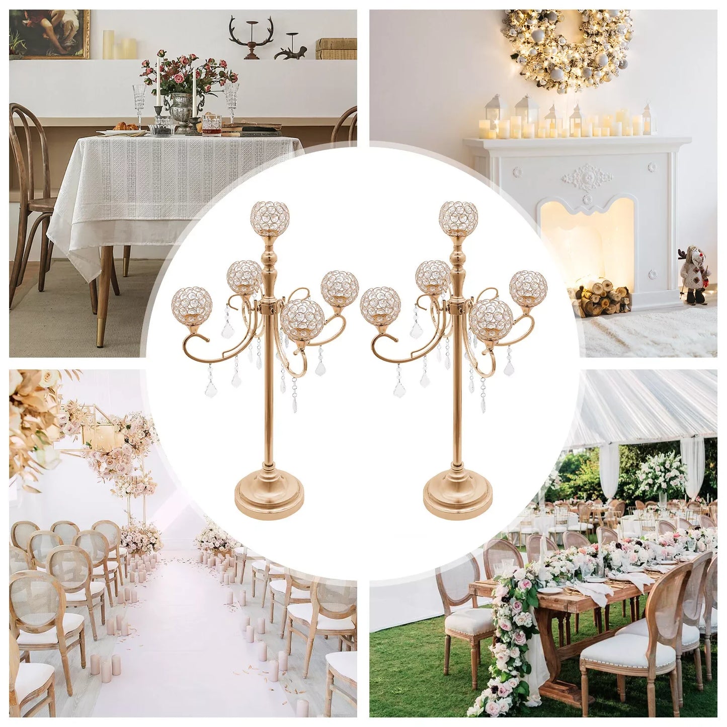 2PCS 5-Arm Crystal Candelabra Candle Holders – Gold Table Centerpieces for Weddings & Events