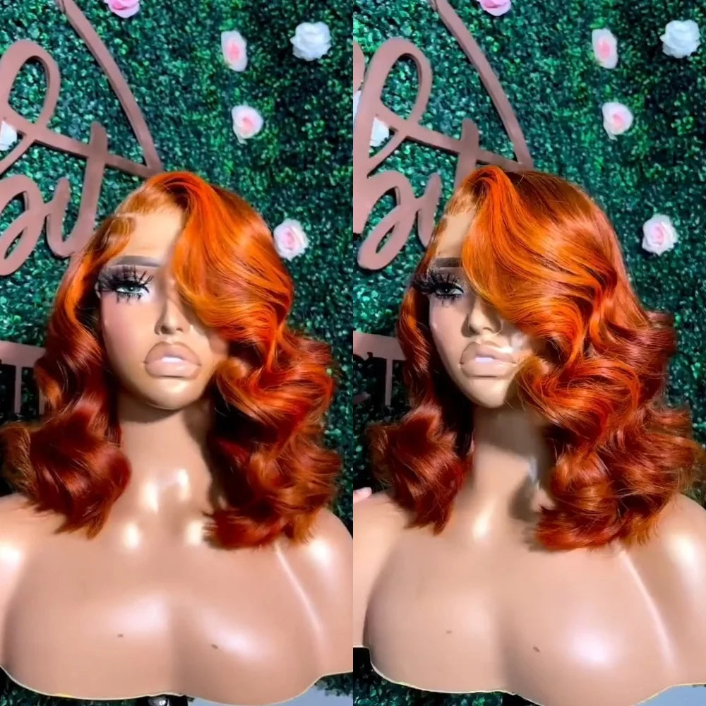 Ginger Orange Body Wave Bob Glueless 4x4 HD Lace Closure Remy Human Hair Wig (#350, Pre-Plucked)