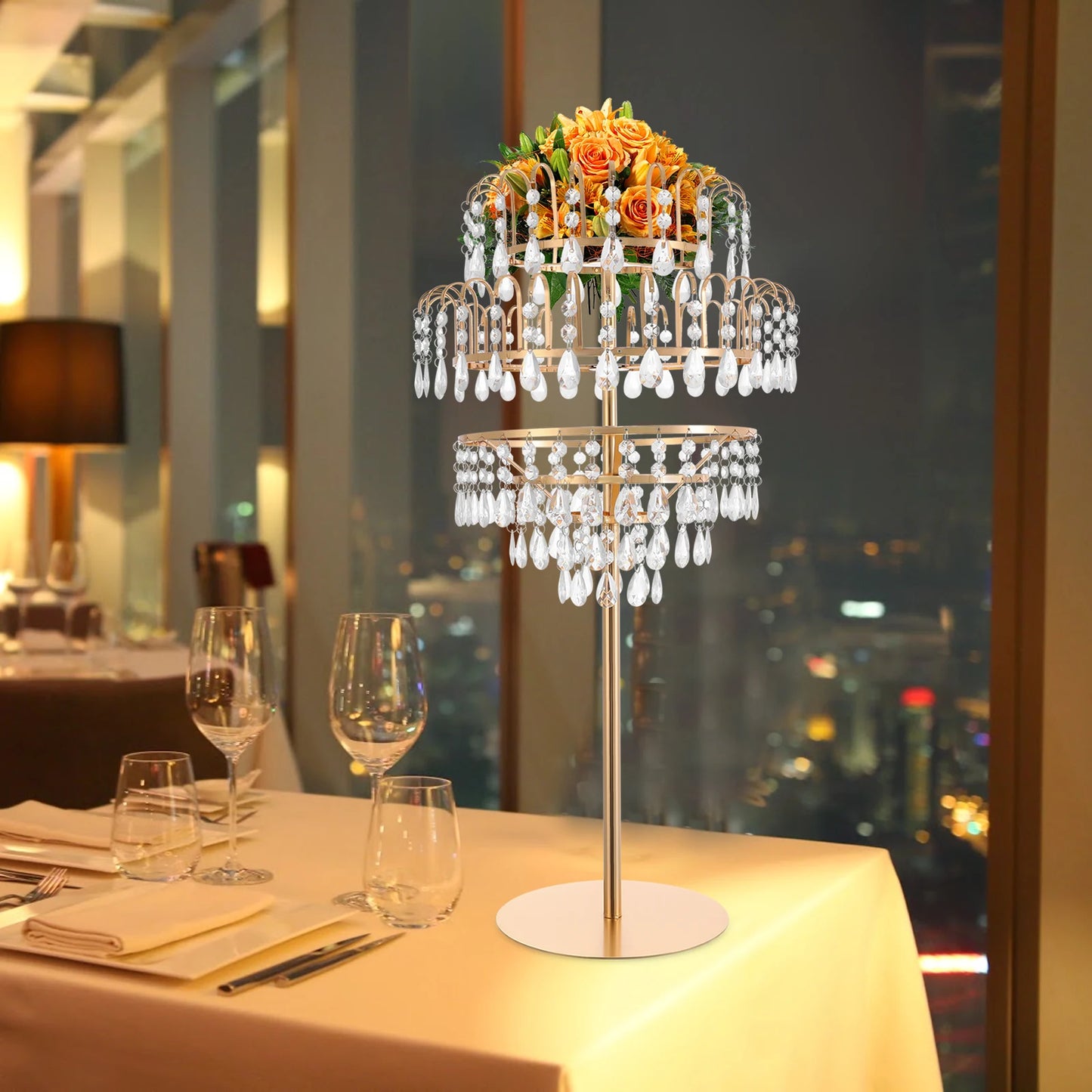 5-Tier Crystal Fountain Flower Stand – Silver & Gold Freestanding Centerpiece for Wedding, Party & Home Décor