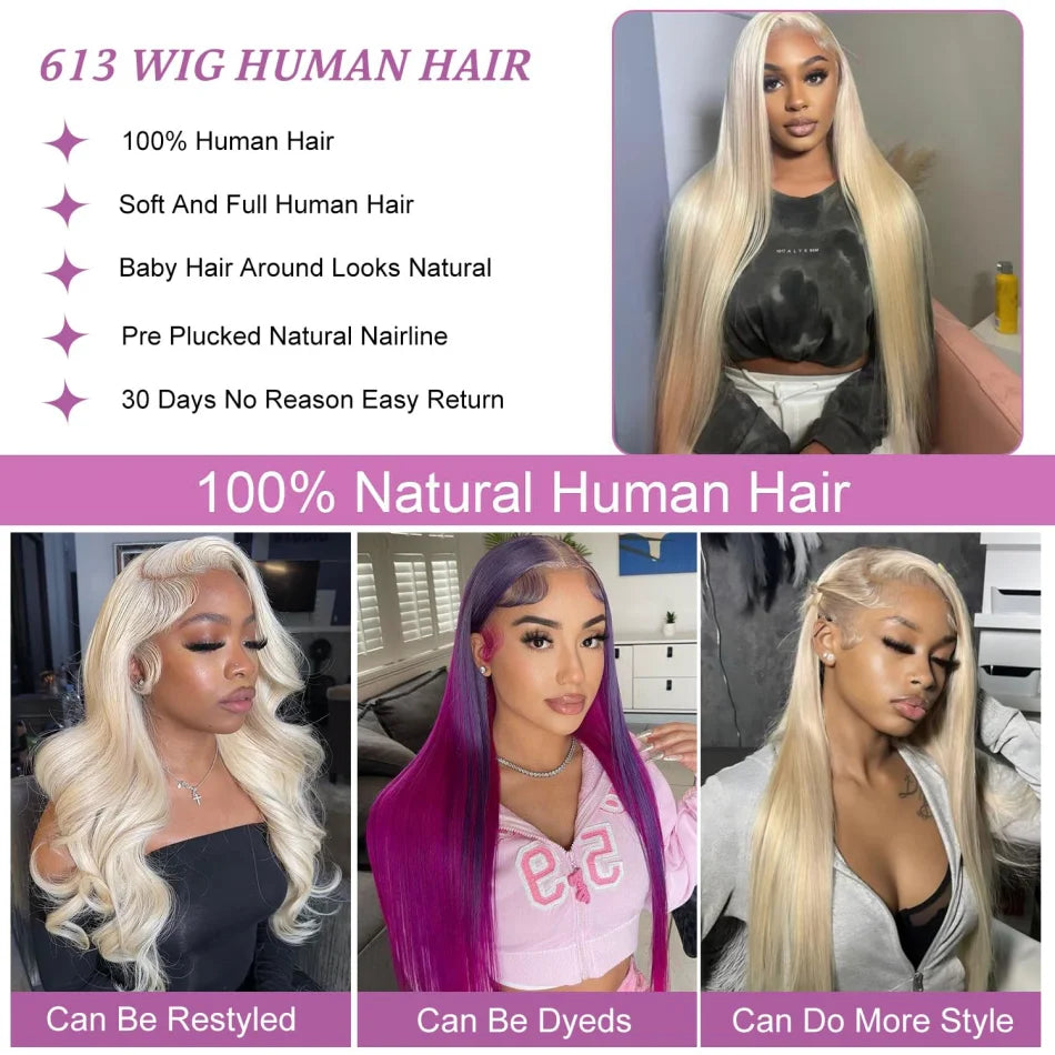 613 Blonde Straight HD Lace Frontal Human Hair Wig (13x6, Free Parting, 30–40 Inch, Up to 230 Density)