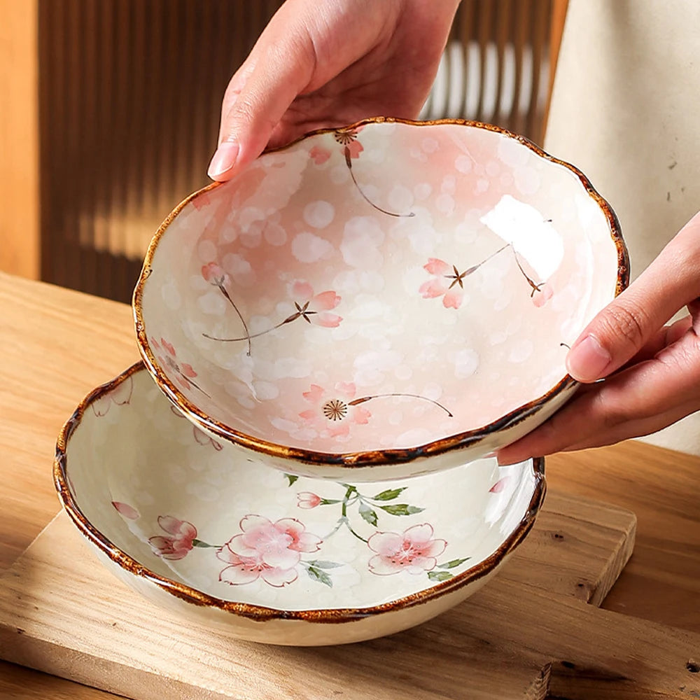 Japanese Floral Ceramic Plates – Handcrafted Round Deep Dinner Dishes for Home, Café & Restaurant Use