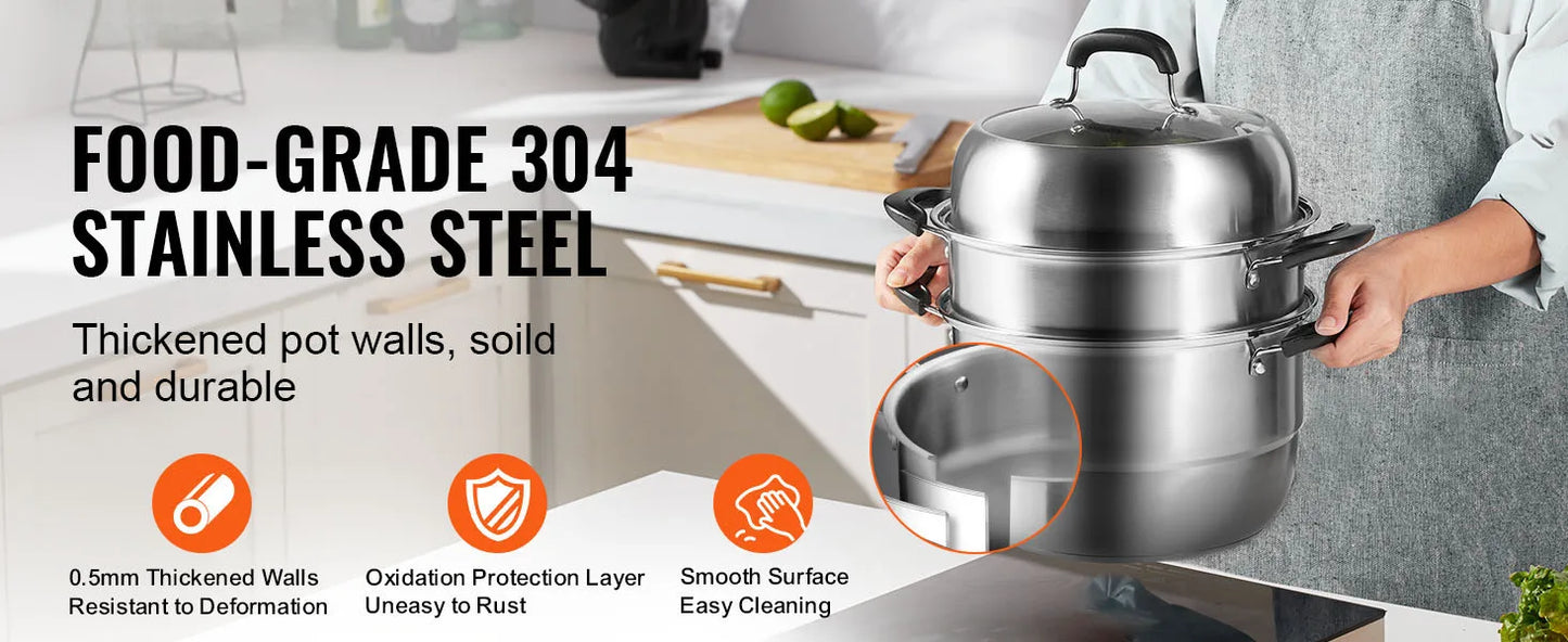 SucceBuy 3-Tier Stainless Steel Steamer Pot 28cm – 8.5QT Cookware
