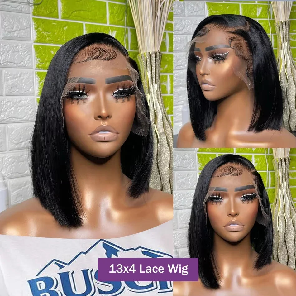 13x4 Straight Lace Frontal Bob Wig – Pre-Plucked Remy Bone Straight Short Bob Human Hair Wig (14 Inch)