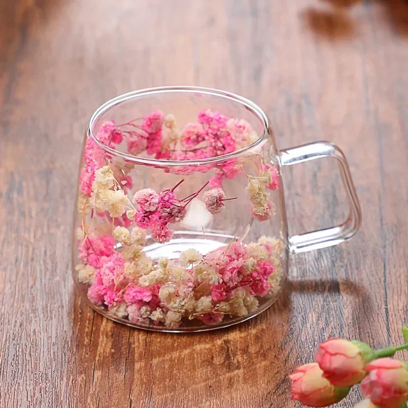 🌸 Double Wall Flower Glass Cup – Handmade Borosilicate Tea Mug 180ml