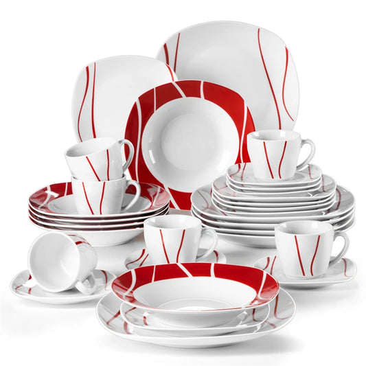 MALACASA Felisa 30-Piece Red Stripe Porcelain Dinner Set, Elegant Ivory Tableware for 6