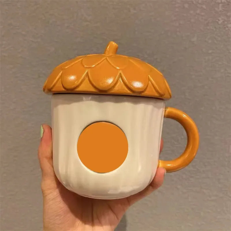 Autumn Forest Animal Ceramic Mug with Lid – Cute Fox, Rabbit & Squirrel Cup
