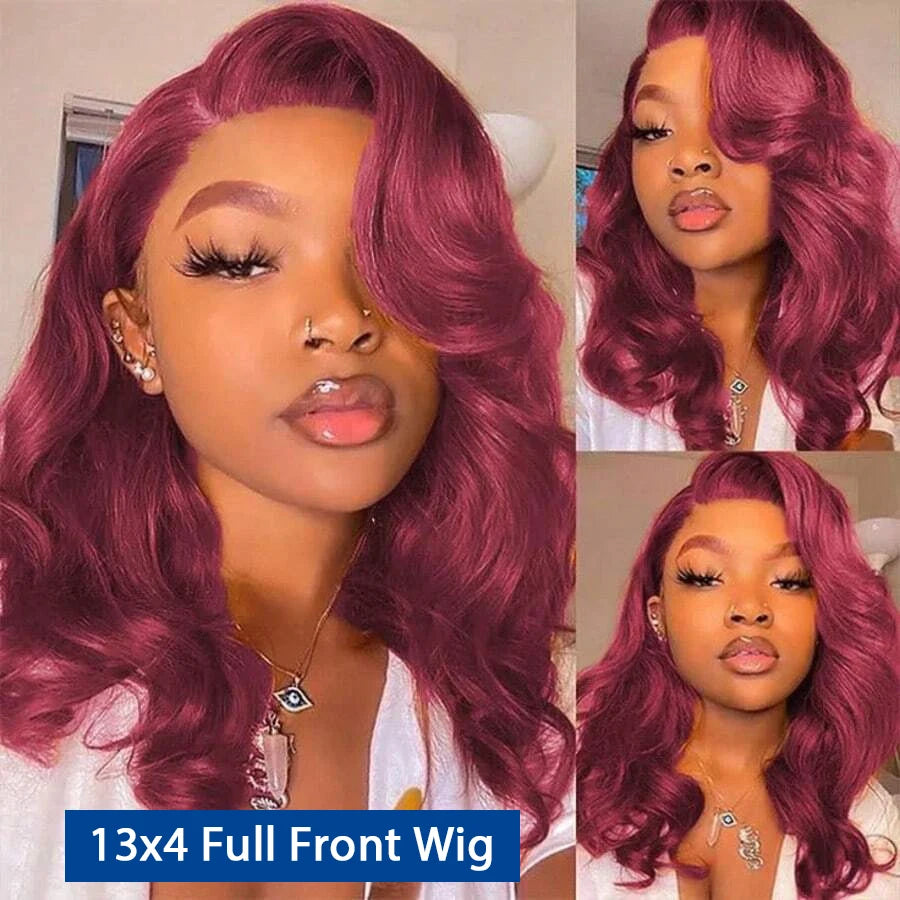 99J Burgundy Body Wave Short Bob Human Hair Wig (13x4 Transparent Lace Front, 250% Density)