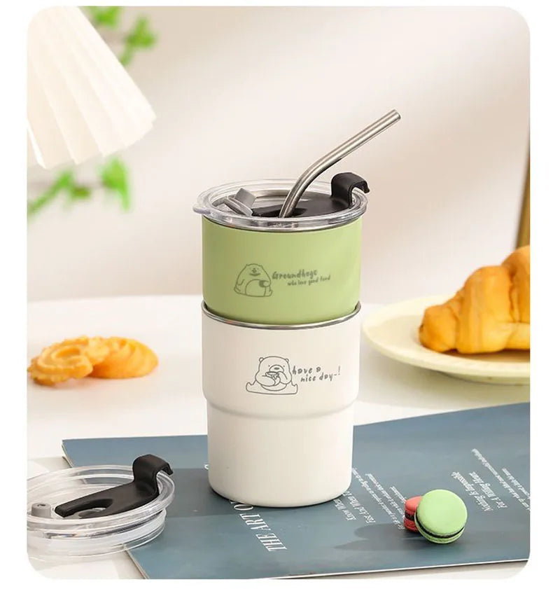 300ml Stainless Steel Tumbler with Straw & Lid – Portable Coffee Travel Mug