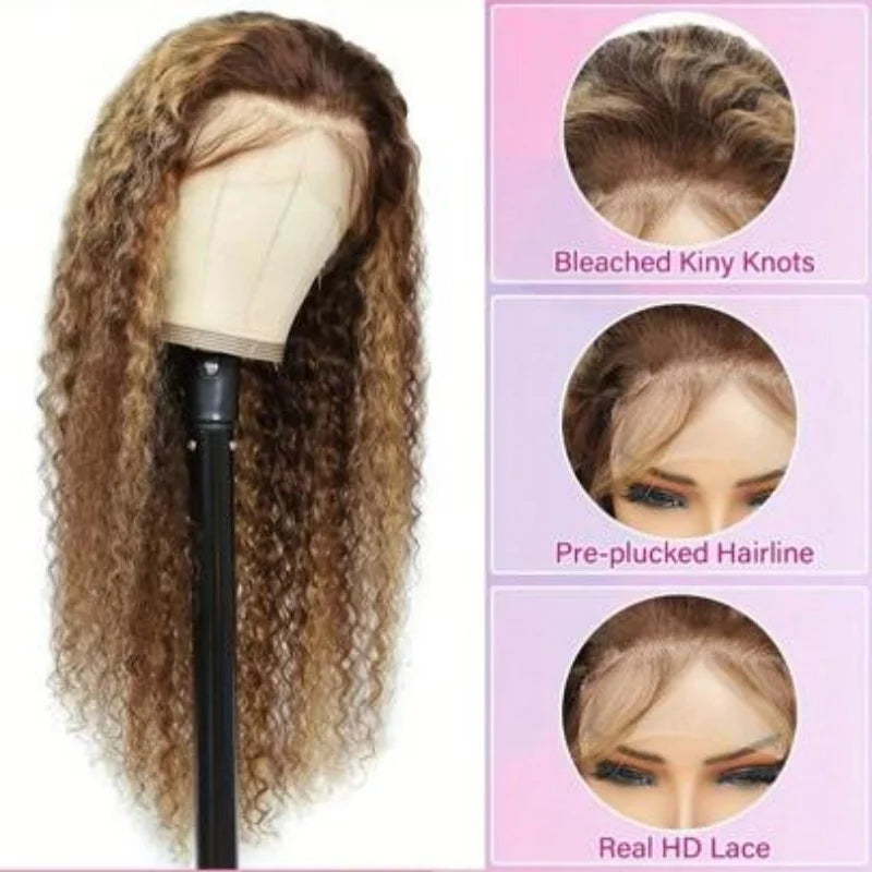 16" P4/27 Honey Brown Highlight Curly Bob Human Hair Wig (5x5 Glueless Transparent Lace)