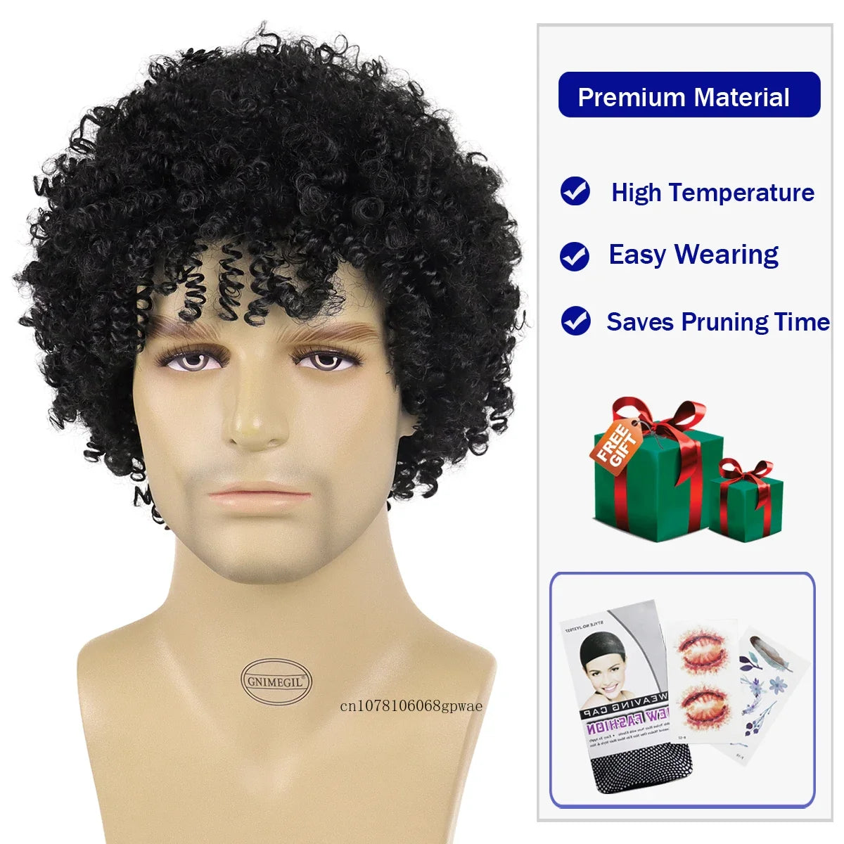 Natural Black Bouncy Curly Hair Synthetic Wigs for Men Short Afro Kinky Curly Wig with Bangs Male Wigs Cosplay Halloween Party