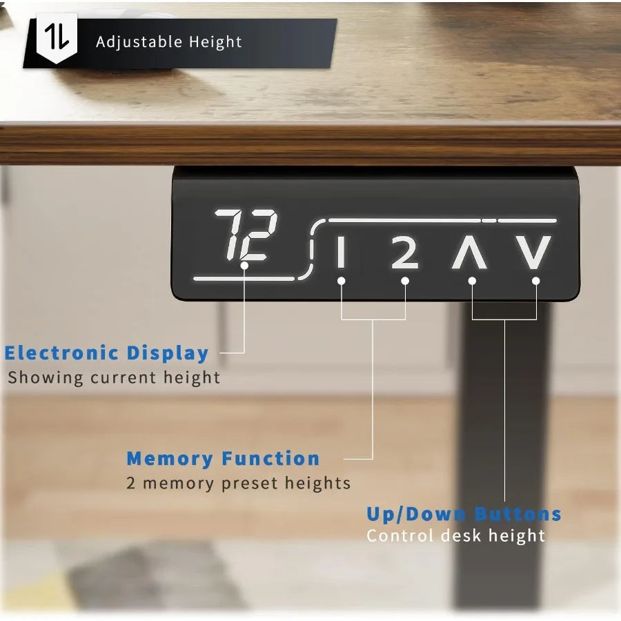 55" Height Adjustable Electric Standing Desk – Rustic Brown Top, Black Leg | Home Office Computer Workstation