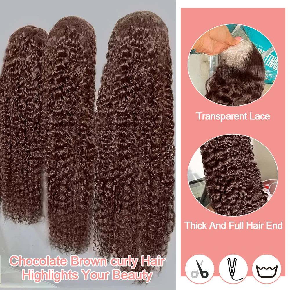Deep Curly Chocolate Brown HD Lace Frontal Wig – 13x4 / 13x6 Virgin Brazilian Human Hair (30–36 Inch)