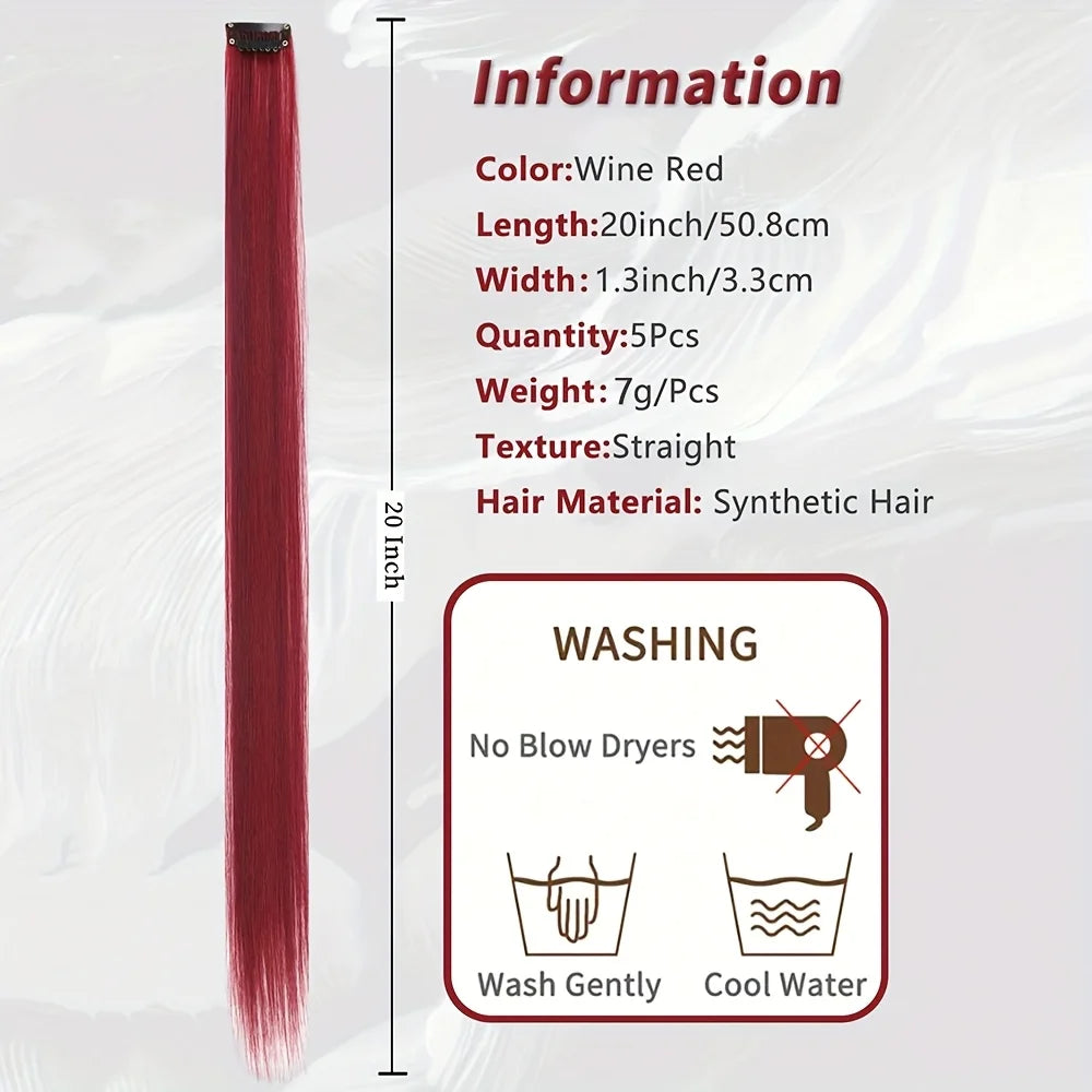 Straight Synthetic Clip-In Hair Extensions | 5pcs Set | 20 Inch | Bold Colors | Party & Cosplay