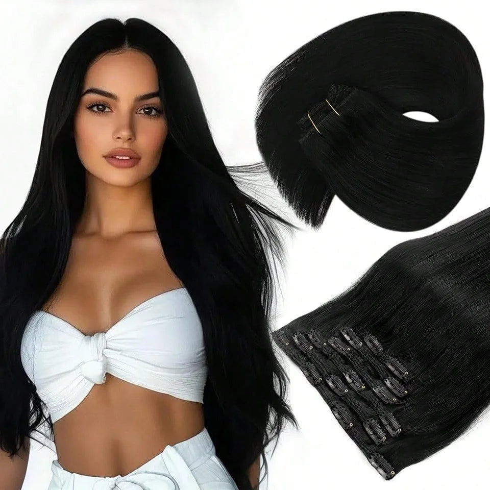 Straight Clip-In Hair Extensions | Brazilian Virgin Remy Human Hair | 8pcs 20 Clips | 120g | 4-24 Inch | Natural Black