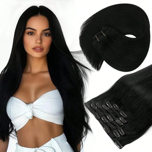 Straight Clip-In Hair Extensions | Brazilian Virgin Remy Human Hair | 8pcs 20 Clips | 120g | 4-24 Inch | Natural Black
