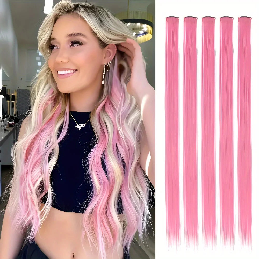 Straight Synthetic Clip-In Hair Extensions | 5pcs Set | 20 Inch | Bold Colors | Party & Cosplay