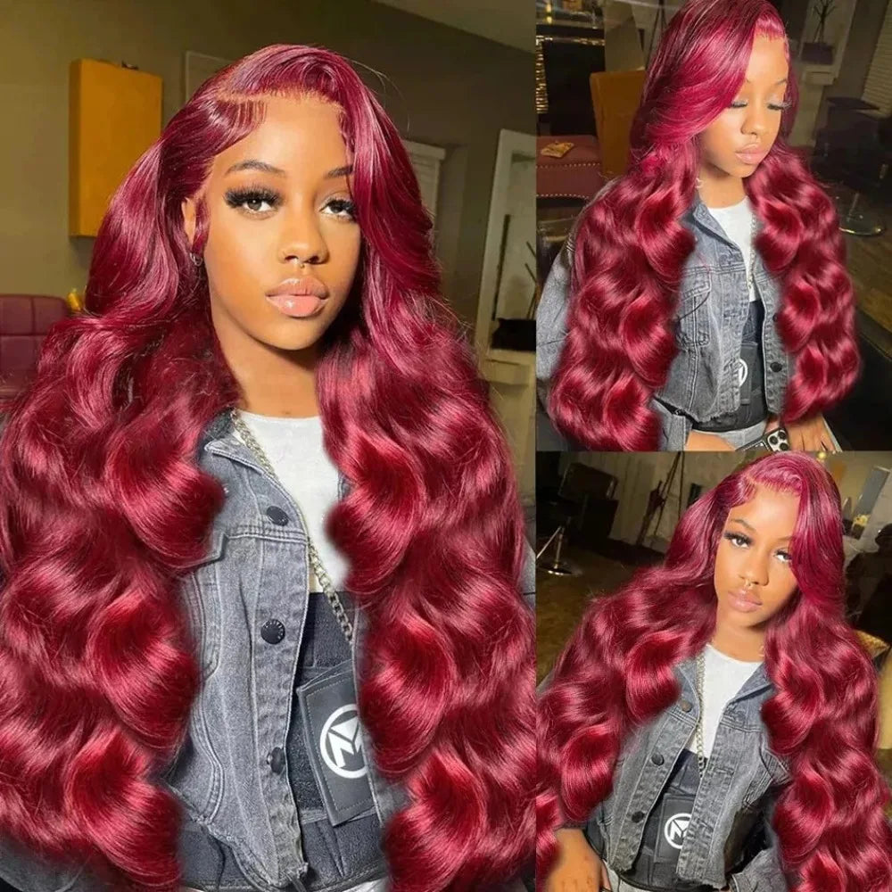 CanaryFly 99J Burgundy 13x6 HD Transparent Lace Frontal Body Wave Human Hair Wig (Pre-Plucked)
