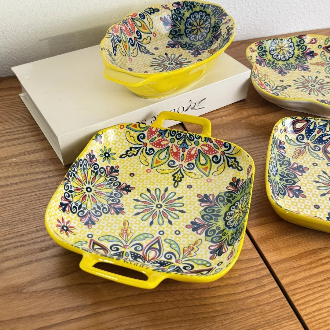 Bohemian Ceramic Plate Set – Double-Eared Fish Plates & High-Value Salad Dish for Home Dining and Cooking