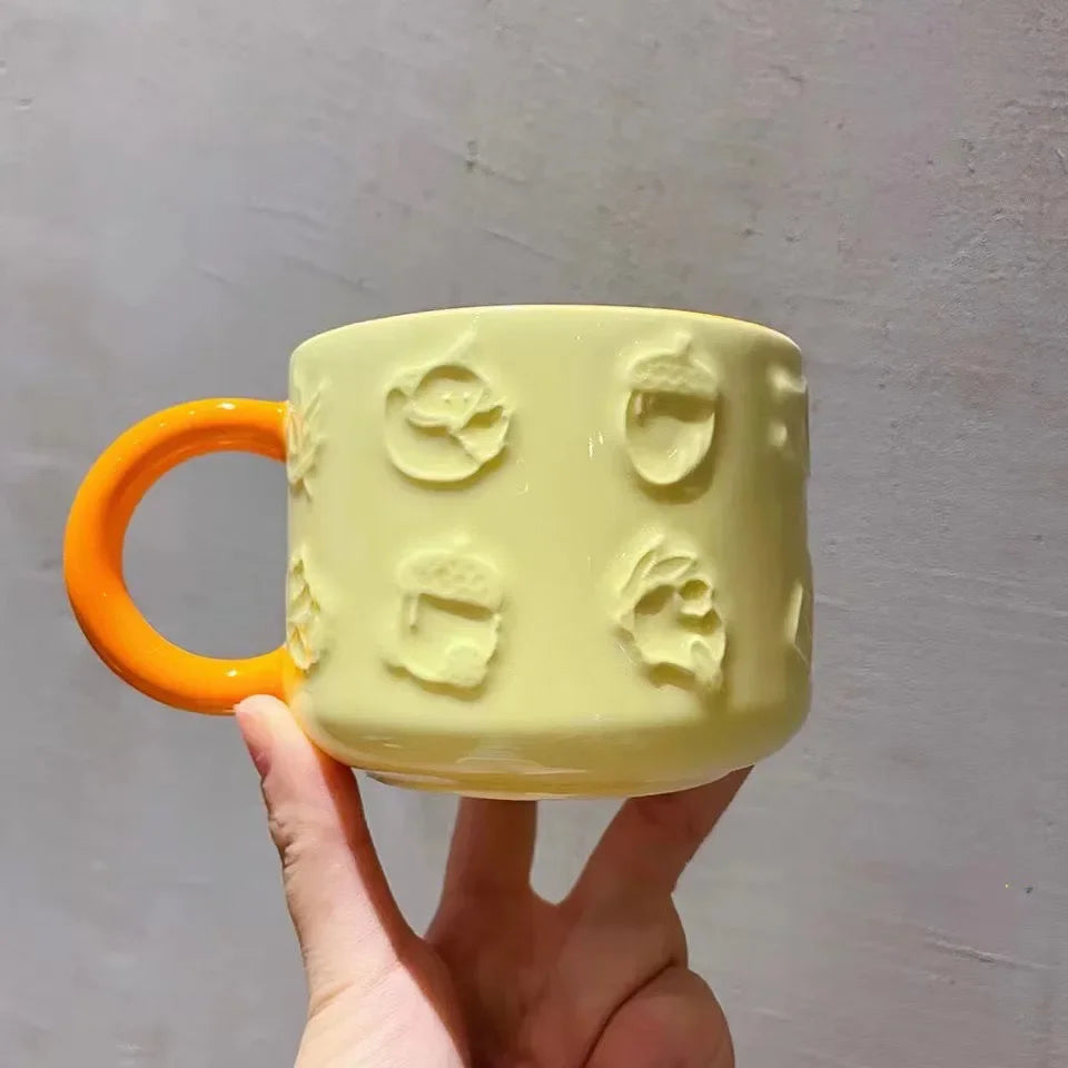 Autumn Forest Animal Ceramic Mug with Lid – Cute Fox, Rabbit & Squirrel Cup
