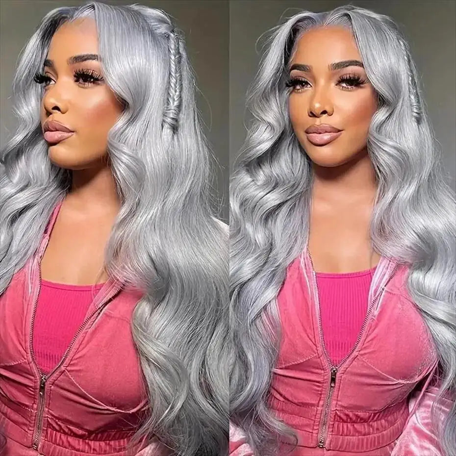 Transparent 13x6 Silver Grey Body Wave Human Hair Lace Front Wig – Pre-Plucked, 250–300% Density, Long Remy Brazilian Hair