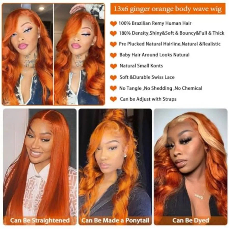 Ginger HD Lace Front Wig 13×6 Body Wave – 250% Density Human Hair (30–38 Inch)