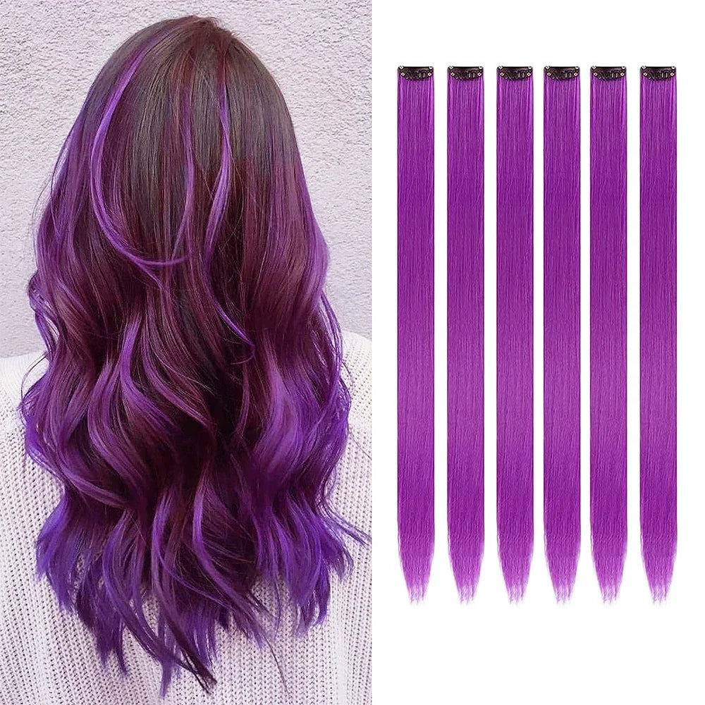 Colored Party Highlight Clip-In Hair Extensions | Synthetic Straight | 6pcs 70g | 22 Inch | Multi-Color