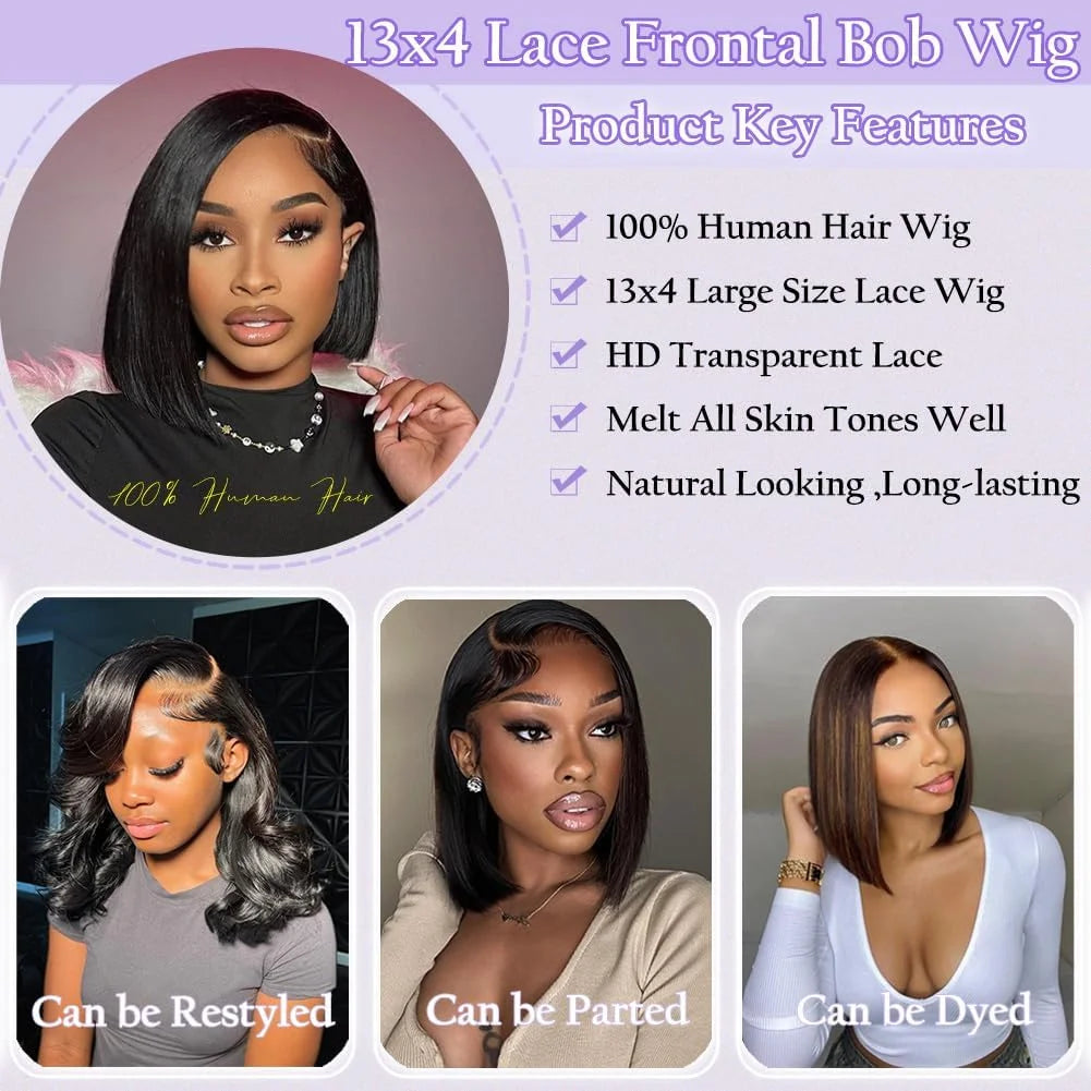 14 & 16 Inch HD Transparent Bone Straight Bob Lace Wig – 4x4 / 5x5 / 13x4, 250% Density, Natural Black