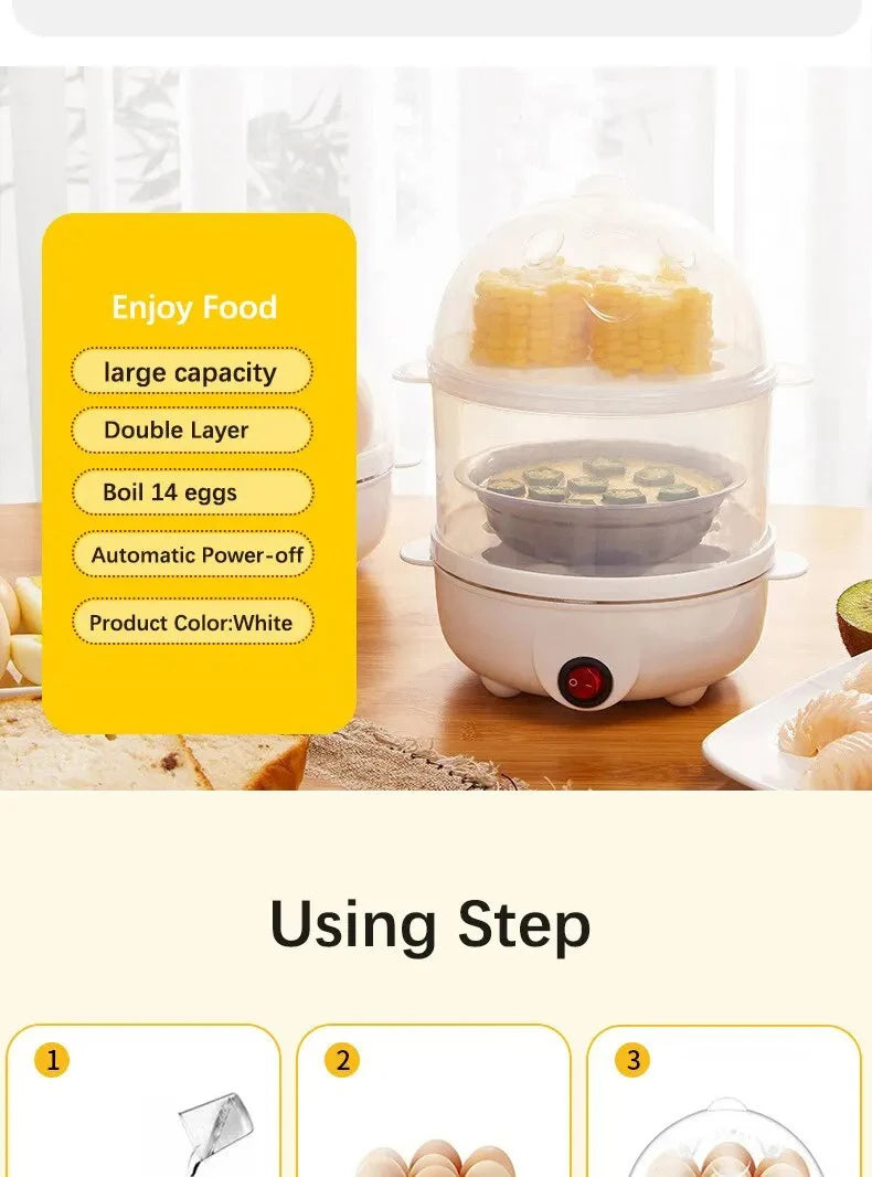 Multifunctional Electric Egg Cooker & Double-Layer Steamer | Mini Breakfast Maker