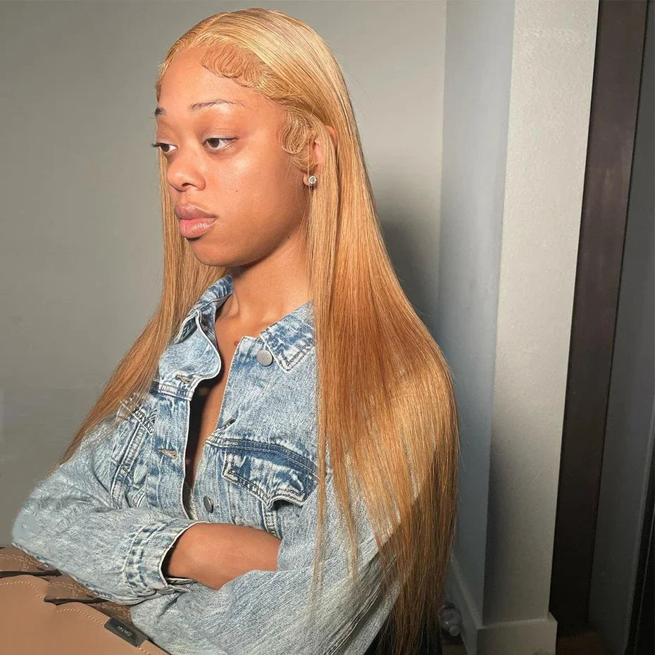 Bone Straight Honey Blonde 13x6 HD Lace Front Wig – 27# Brazilian Human Hair, Long Straight Glueless Wig