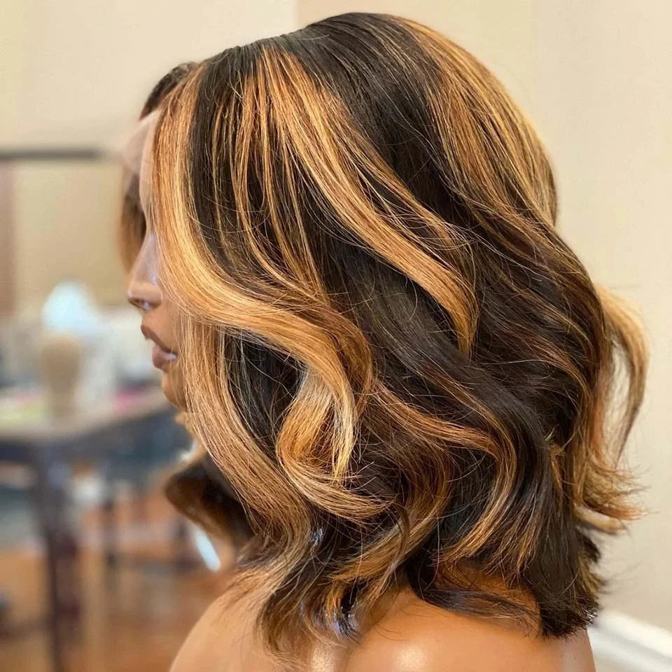 4/27 Ombre Highlight Body Wave Short Bob HD Lace Front Human Hair Wig (13x4, Brazilian Virgin, Pre-Plucked)