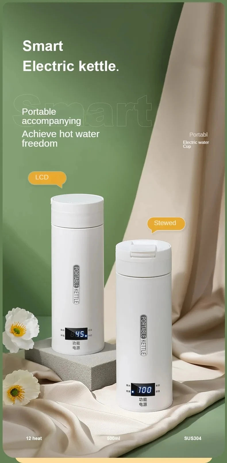 500ML Electric Kettle – Portable Tea & Coffee Travel Bottle with LED Display