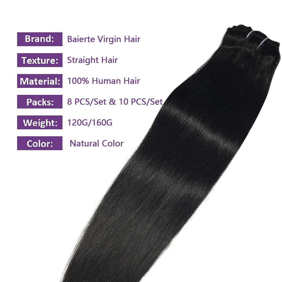 Straight Clip-In Hair Extensions | Brazilian Virgin Remy Human Hair | 8pcs 20 Clips | 120g | 4-24 Inch | Natural Black