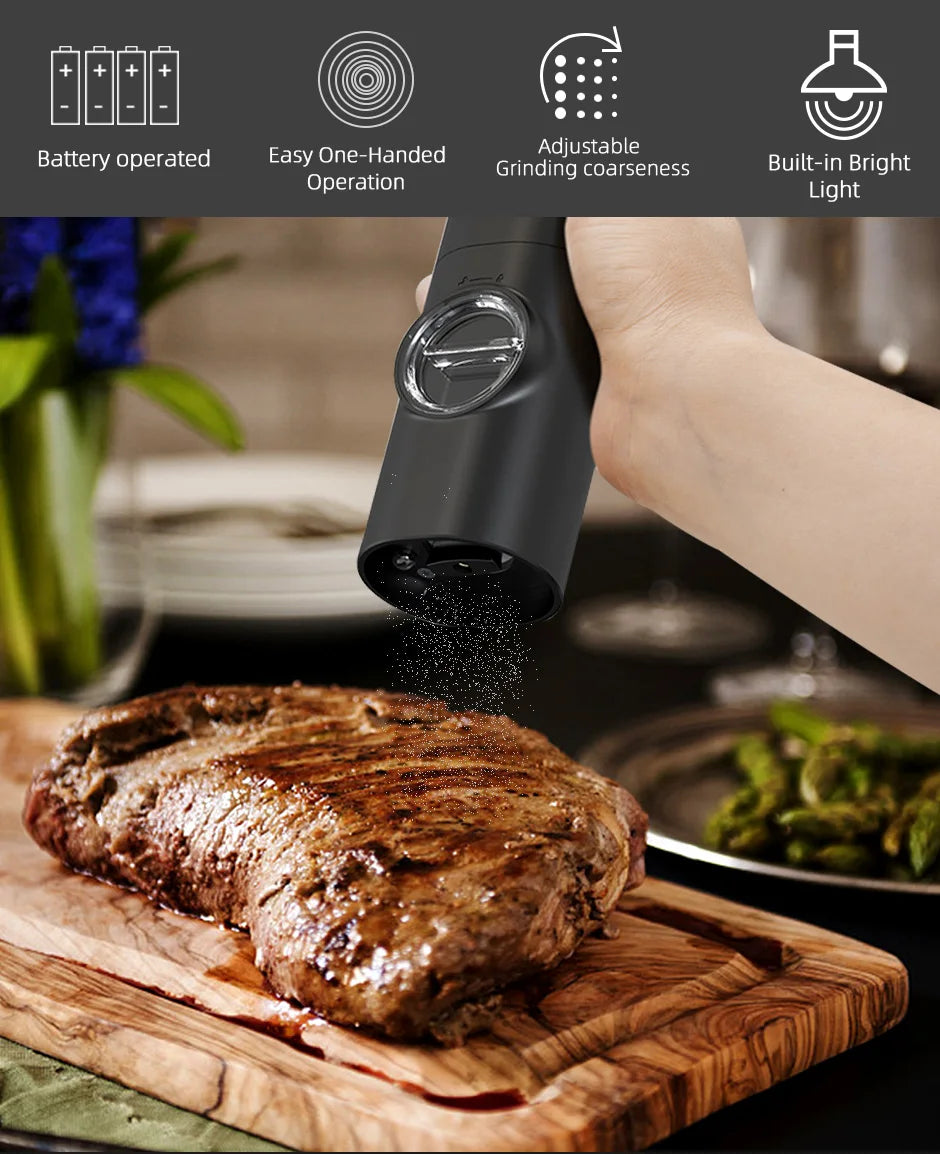 Electric Automatic Salt & Pepper Grinder Set with Base – Battery Powered, LED Light & Adjustable Coarseness