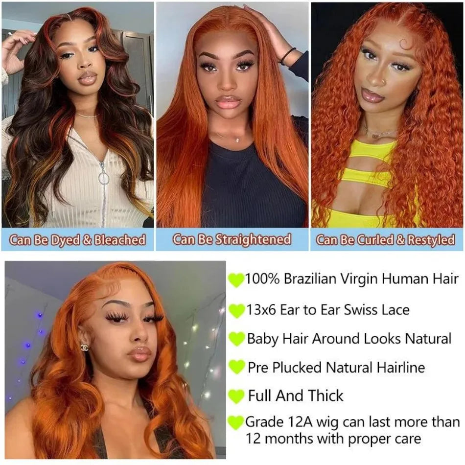 Ginger HD Lace Front Wig 13×6 Body Wave – 250% Density Human Hair (30–38 Inch)