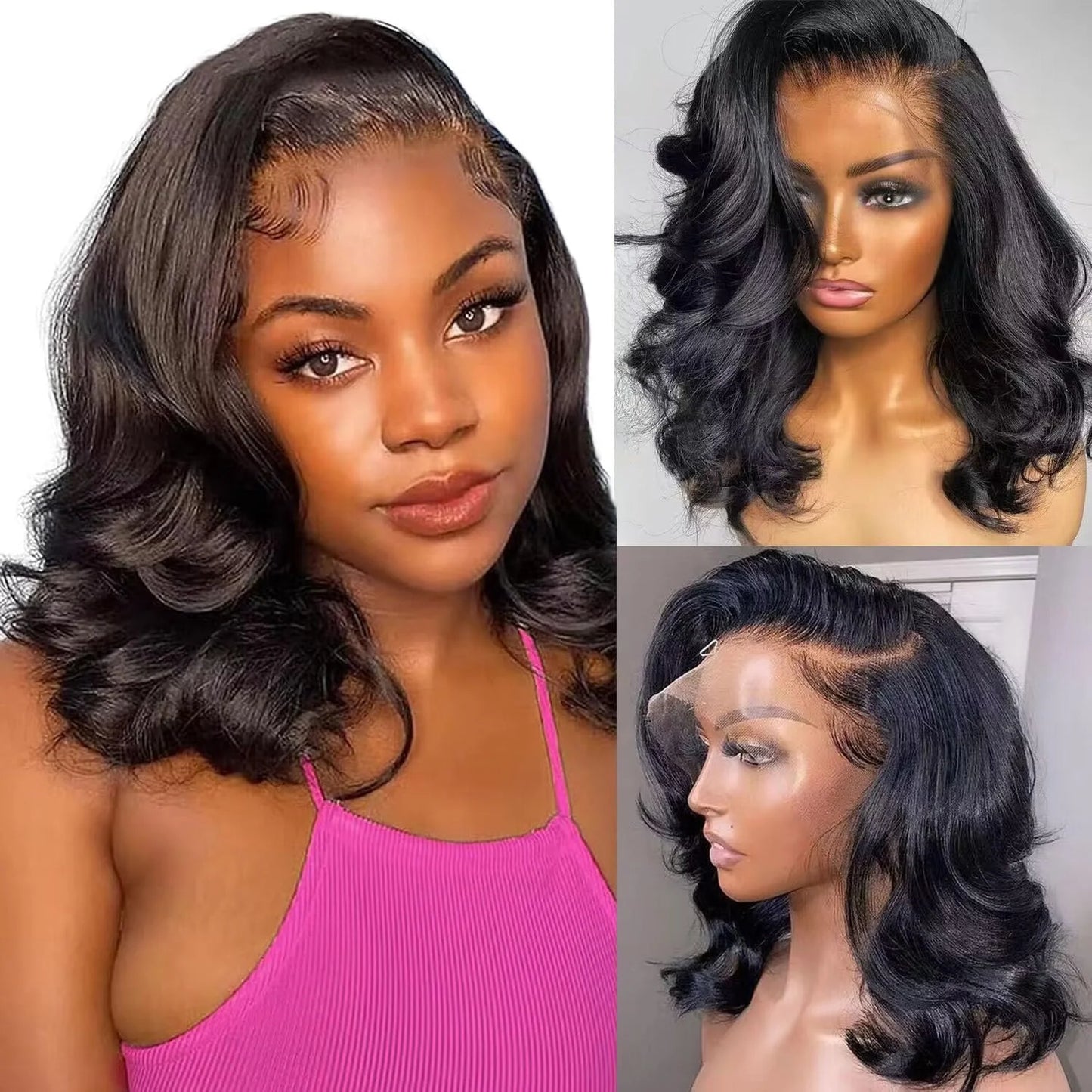 200% Density Body Wave Short Bob HD Lace Front Human Hair Wig (13x4, Brazilian Remy, Natural Black)