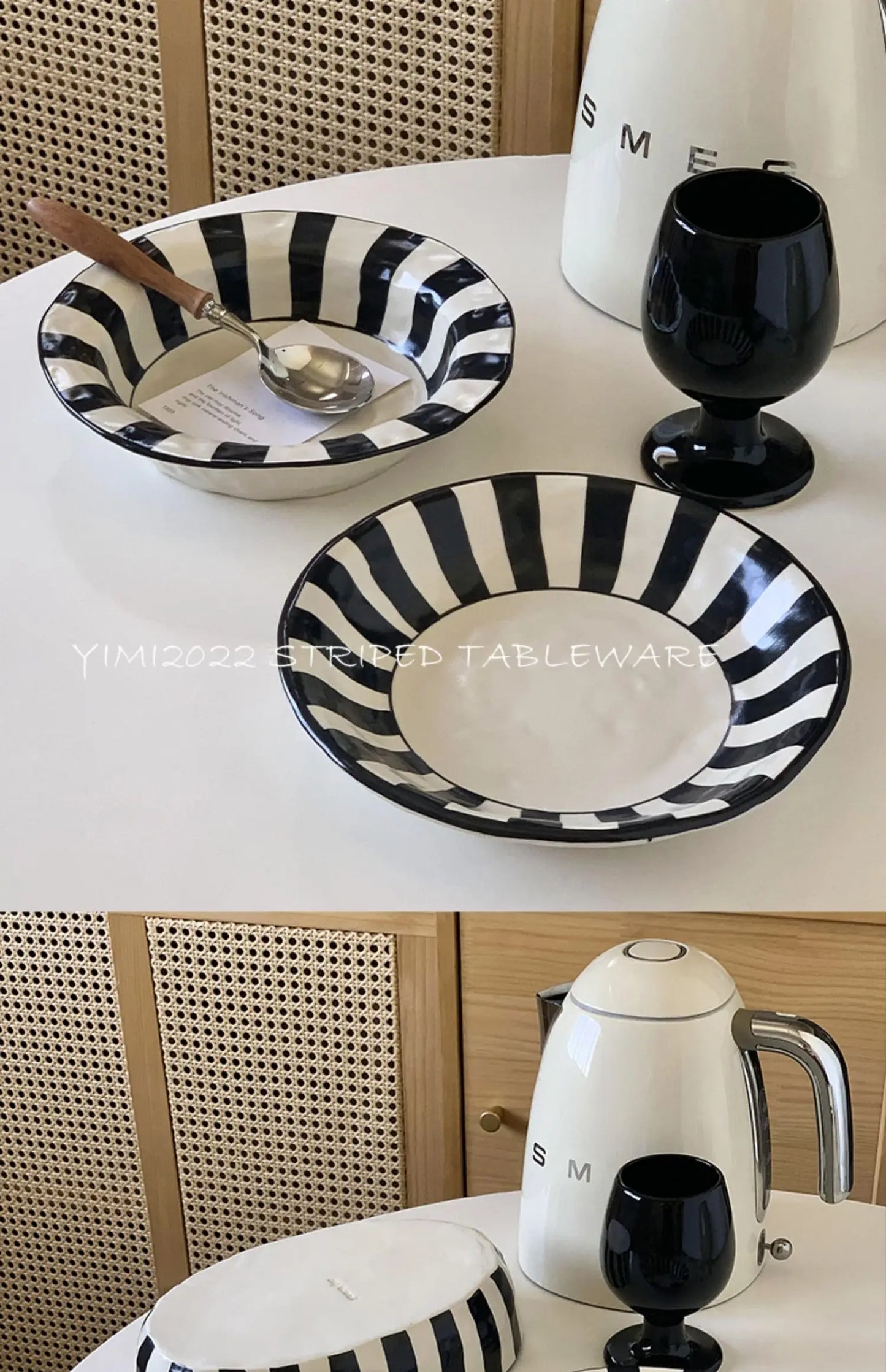 Ins Style Striped Ceramic Bowl – Handcrafted Black & White Tableware for Breakfast, Noodles, Fruits & Desserts