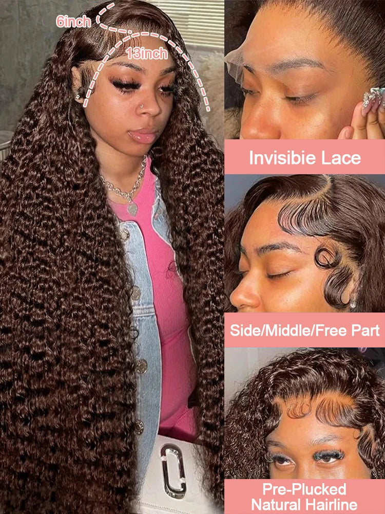 Deep Curly Chocolate Brown HD Lace Frontal Wig – 13x4 / 13x6 Virgin Brazilian Human Hair (30–36 Inch)