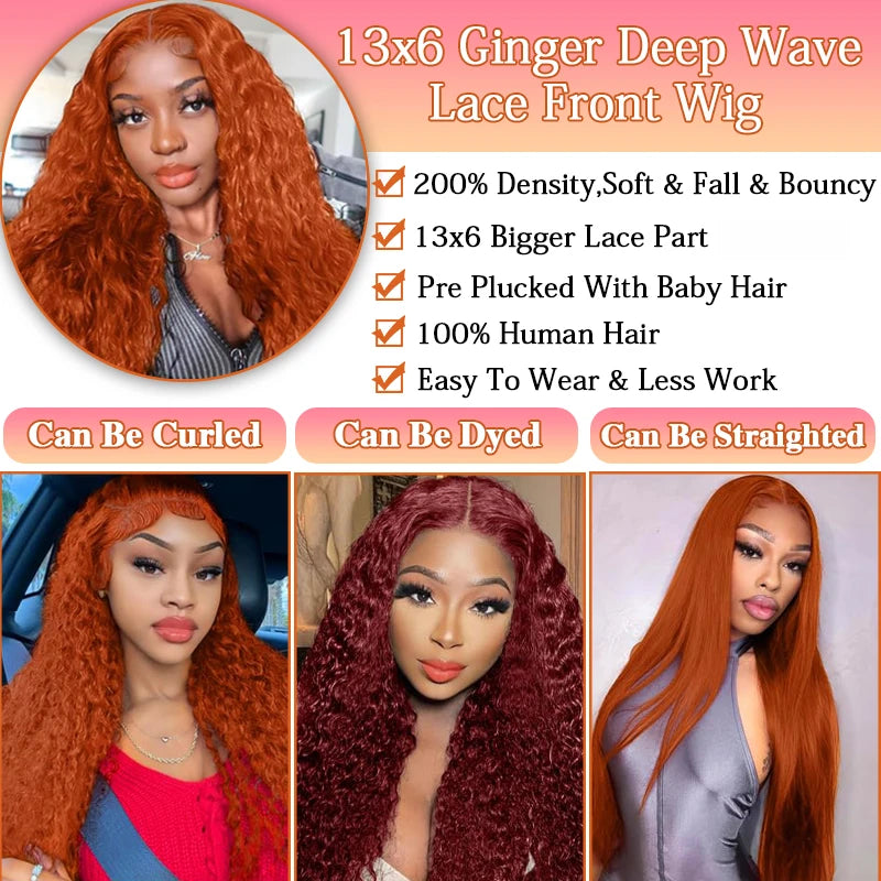 Orange Ginger 13x6 Lace Front Deep Wave Human Hair Wig (Pre-Plucked, 38")