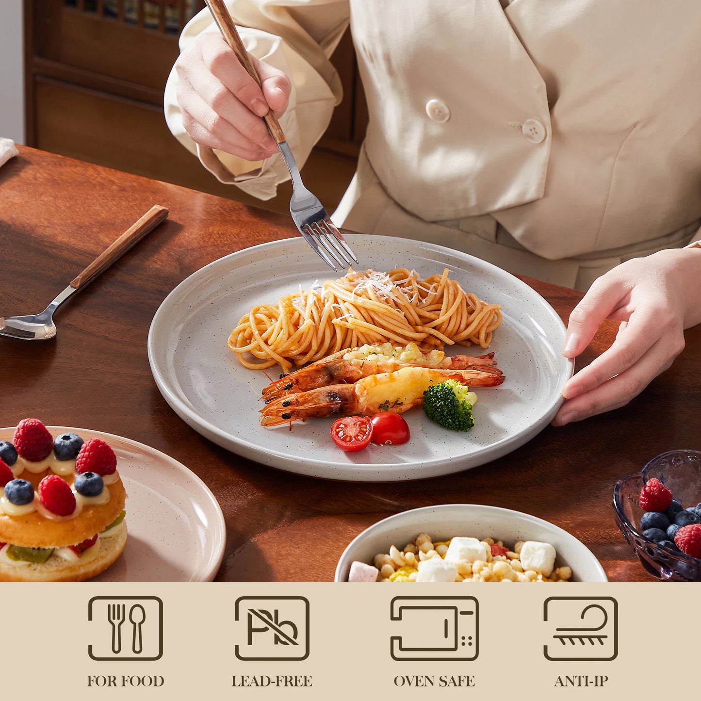 MALACASA TARA 12/24-Piece Stoneware Dinnerware Set – Curved Edge Sesame Glaze Plates & Bowls for 4/6 Person Dining