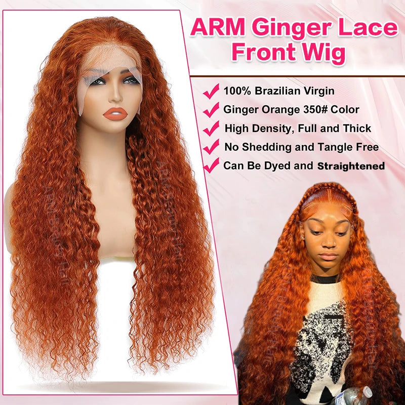 Ginger Orange Water Wave Colored Human Hair Wig · Transparent Lace Front · 26+ Inch