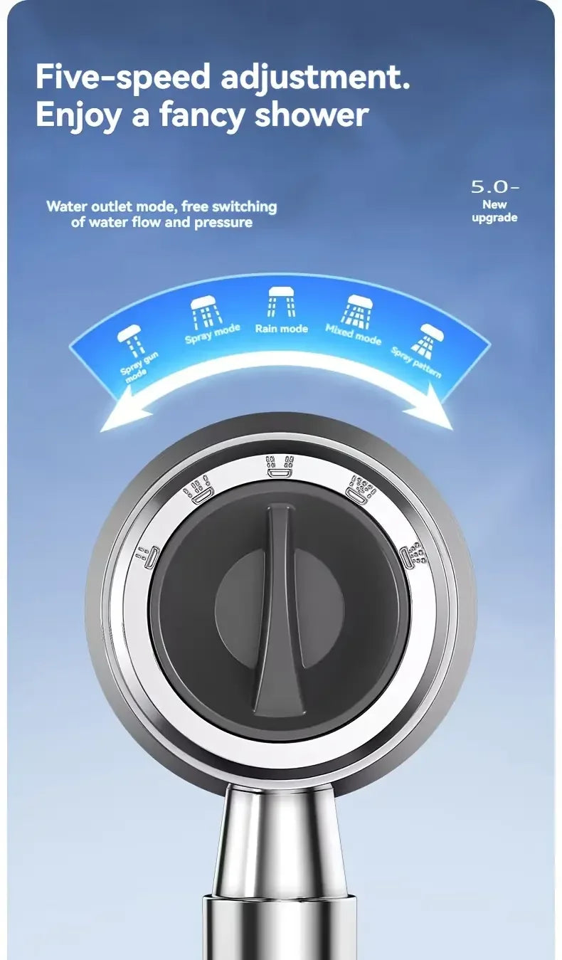 New High Pressure Water Saving Filter Shower Head 5 Modes Handheld Shower Head One Button Stop Bathroom Accessories Set