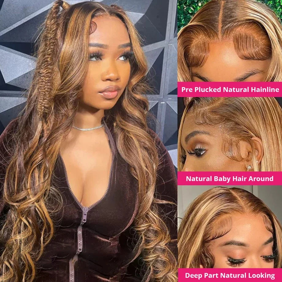 Honey Blonde Highlight Body Wave Wig – 13x6 HD Lace Frontal & 4x4/5x5 Closure, 100% Brazilian Human Hair (26"+)