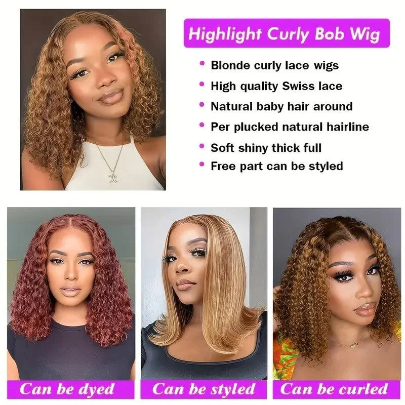 16" Curly Wave 5x5 Pre-Cut Glueless Bob HD Lace Wig (220% Density) – 100% Brazilian Remy Human Hair
