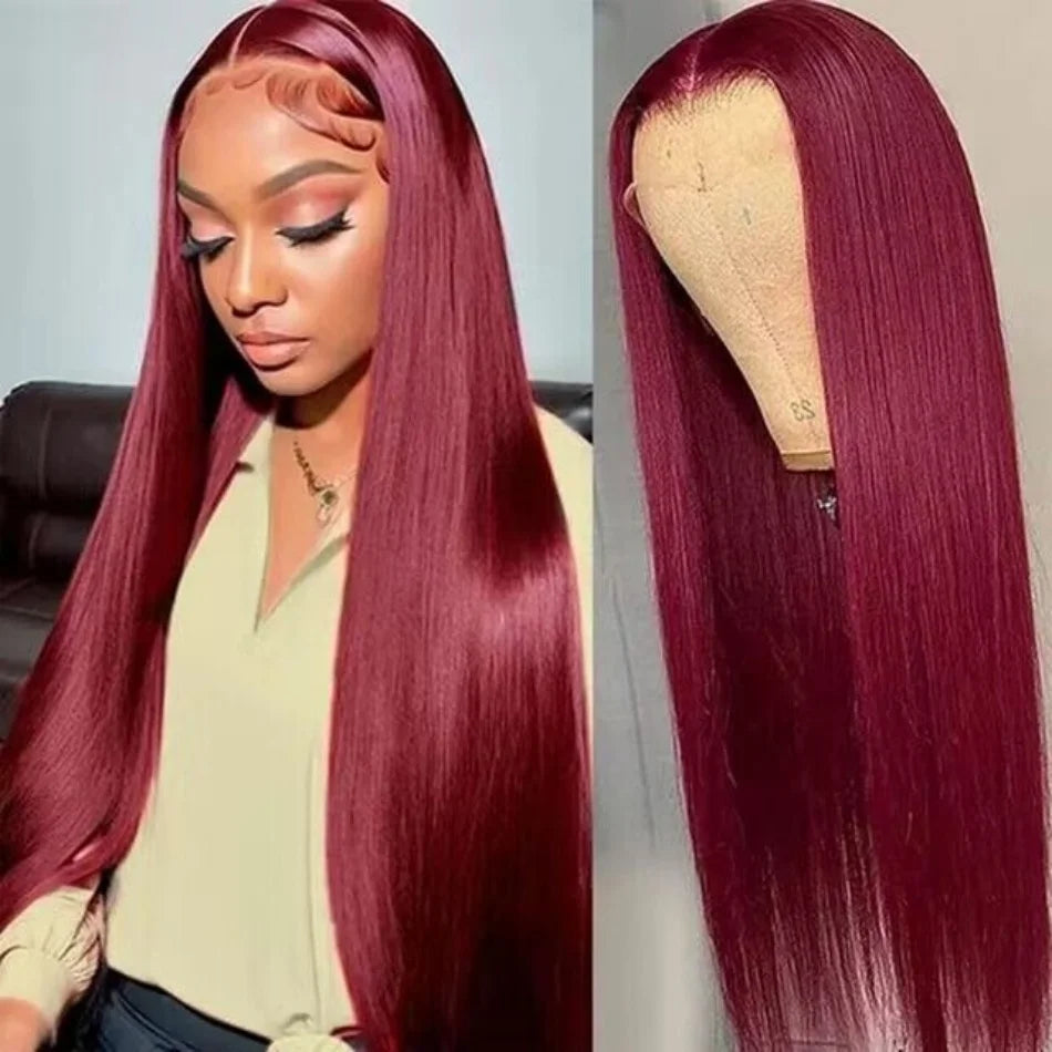 Burgundy Red Straight HD Lace Front Human Hair Wig – 100% Brazilian, 13x6/13x4/4x4 Options