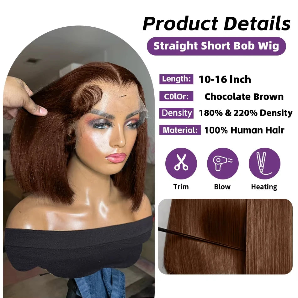 Chocolate Brown #4 Straight Bob 13x4 HD Transparent Lace Front Wig (220% Density)