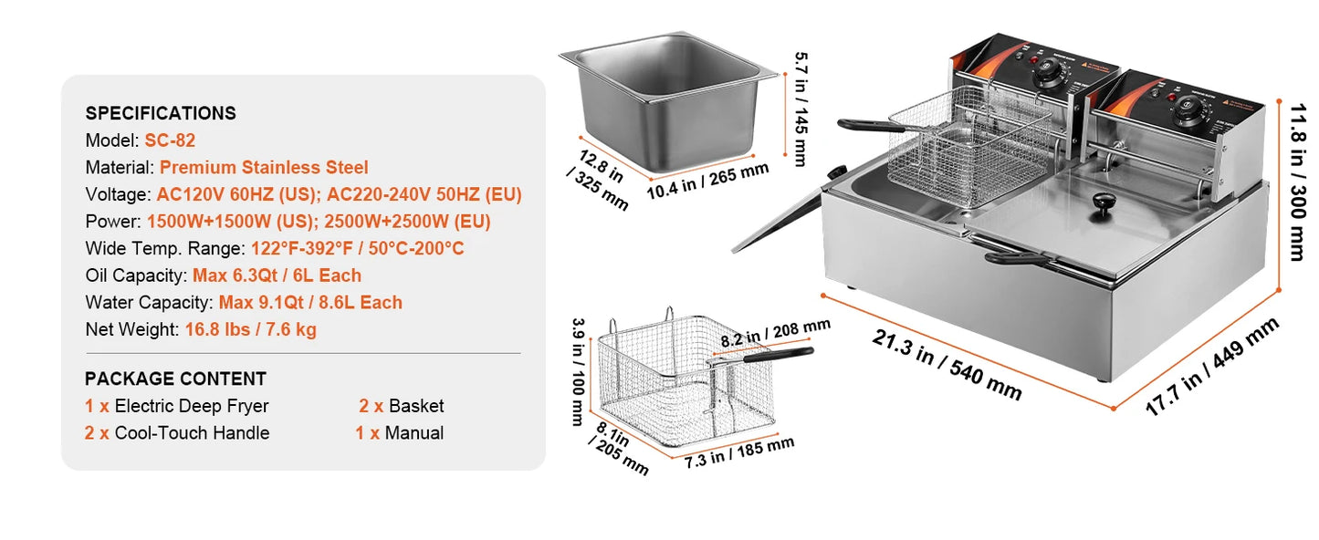 SucceBuy Dual Tank Electric Deep Fryer — Twin Basket 9.1 Qt Each Tank, Fast Heating, 220V Stainless Steel