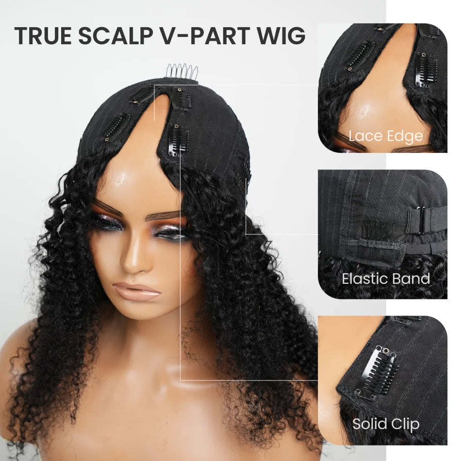 Glueless V Part Straight Human Hair Wig (220% Density, Natural Black, Beginner Friendly, No Leave Out)